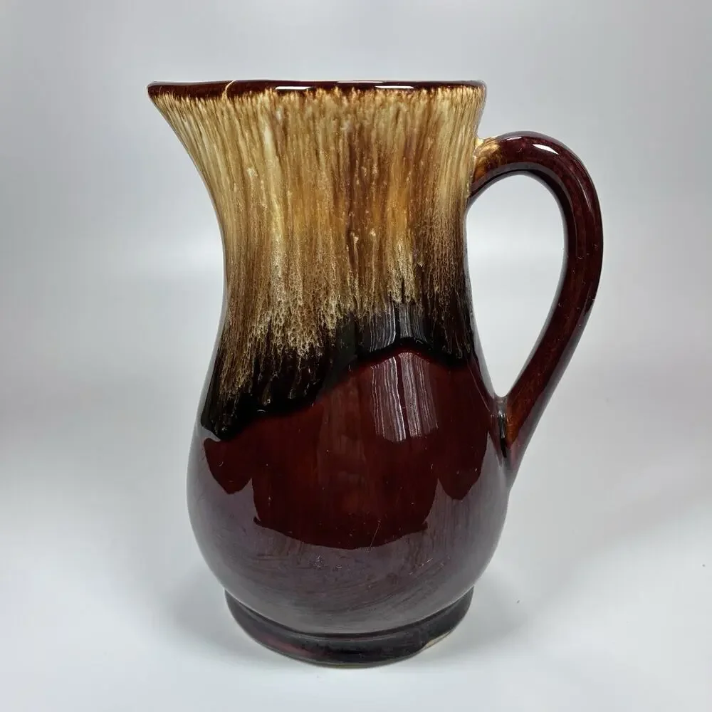 Vintage USA Roseville Pottery Pitcher Brown Drip Glaze RRL Country Farmhouse